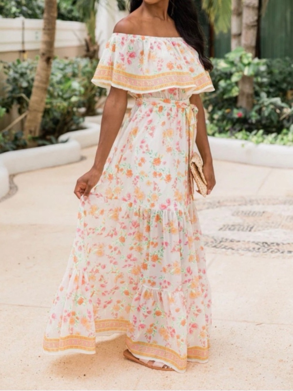 Off-Shoulder Floral Maxi Dress in White and Pink